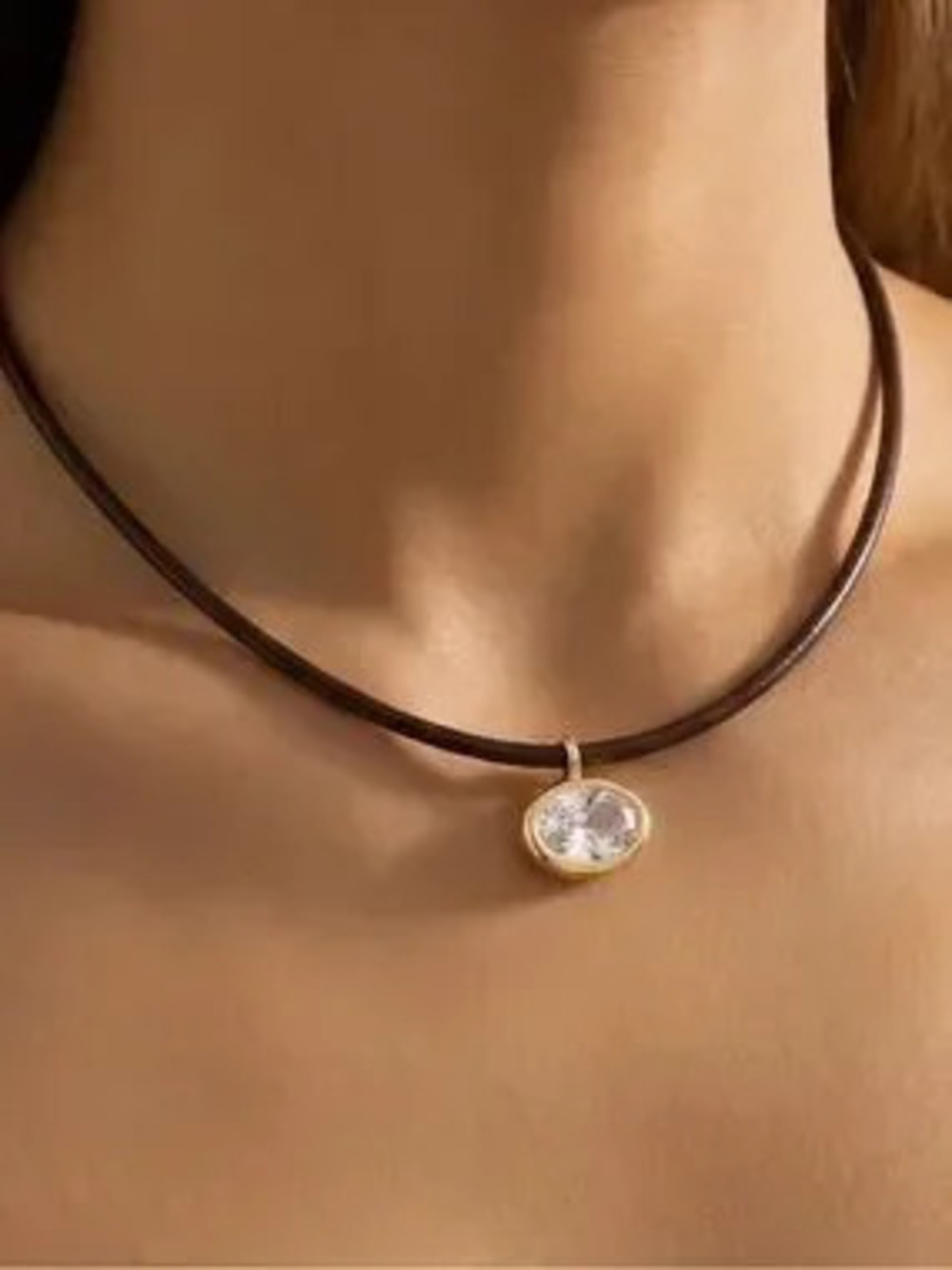 GOLD OVAL BEZEL CZ BLACK CHORD NECKLACE (8702)